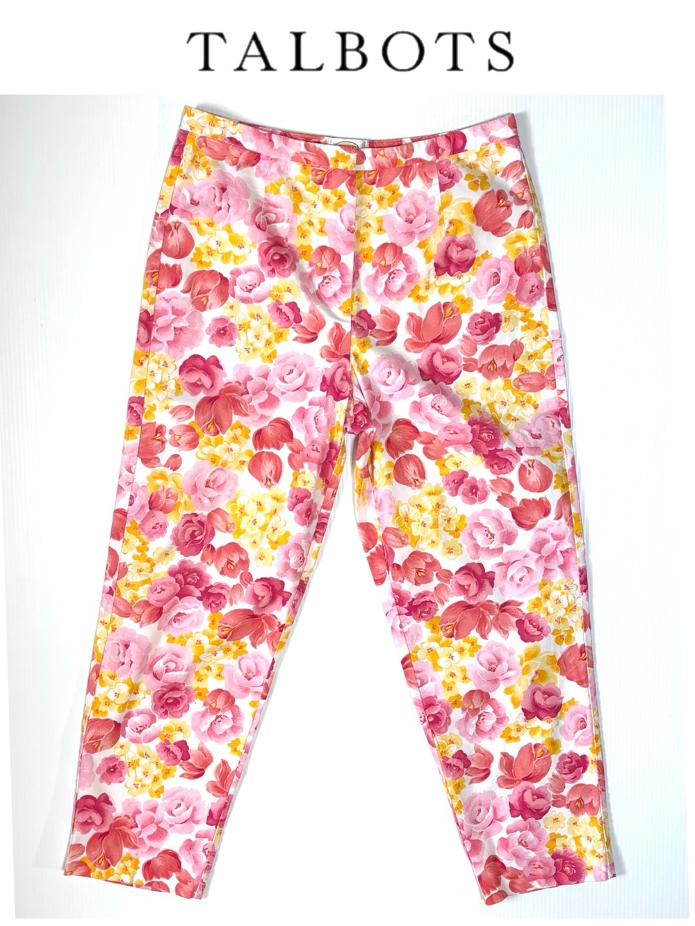 Talbots Floral Pants Pink Yellow Peach Coral Roses 14